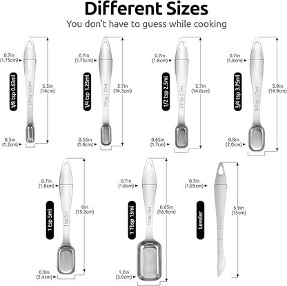 U-Taste Narrow Square Measuring Spoons: 18/8 Stainless Steel Kitchen Measure Teaspoon Tablespoon with Leveler, Polygon Rectangular Metal Jar Scoop for Baking Cooking, Coffee, Spice, Powder (Set of 7) - Image 2