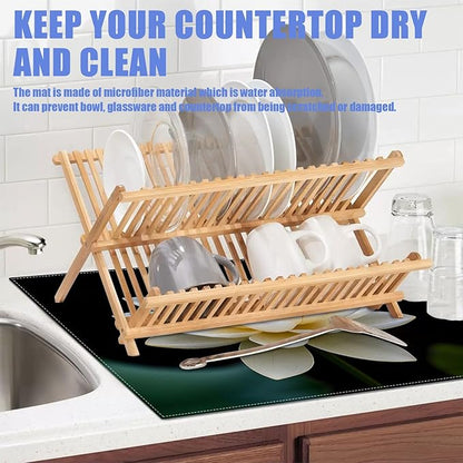 White Louts Flower Dish Drying Mat for Kitchen Counter Floral Drying Pad Absorbent Reversible Dish Drainer Rack Mats Draining Pad 18"x24"Inch - Image 5