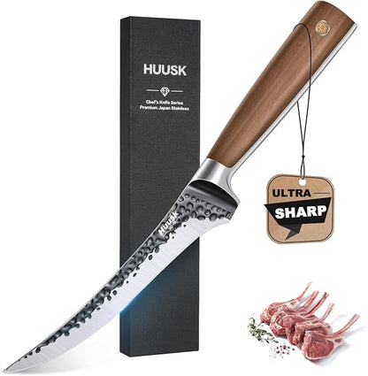 Huusk Boning Knife 6 Inch Fillet Knife for Meat Brisket Trimming Knives Japan Hand Forged Deboning Knives Full Tang Meat Cutting Butcherig for Kitchen Cooking BBQ by HuuskKnife