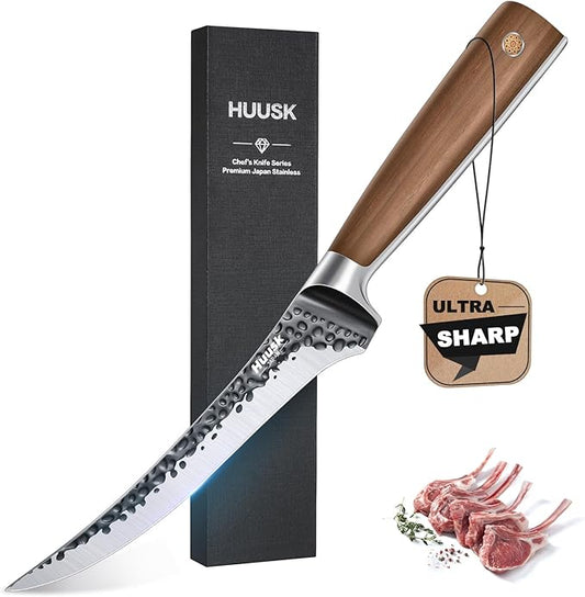 Huusk Boning Knife 6 Inch Fillet Knife for Meat Brisket Trimming Knives Japan Hand Forged Deboning Knives Full Tang Meat Cutting Butcherig for Kitchen Cooking BBQ by HuuskKnife