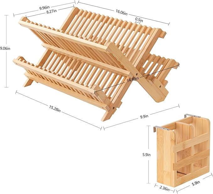 HBlife Bamboo Dish Drying Rack with Utensils Flatware Holder Set, 3-Tier Large Folding Drying Holder for Kitchen Counter, Collapsible Drainer - Image 2