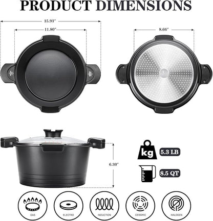 8.5qt Pasta Pot with Strainer Lid, Cast Aluminum Stockpot Multipot, Nonstick Ceramic Coating make Cleanup easy with Tempered Glass Lid, Dishwasher Safe, Induction, Black (Black, 8.5 Quarts)