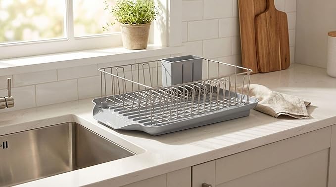 Farberware Classic 3-Piece Dish Drying Rack Set for Kitchen Counter, Gray - Rust-Resistant Wires, Self-Draining Board, Flatware Caddy, Non-Slip Feet - Image 5