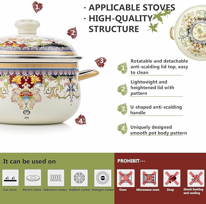Retro Flower Enamel Stockpot with Lid,Stockpots for Cooking,Vintage Floral Stew Bean Simmer Pot with Handle, Kitchen Soup Pot, Safe for Induction Cookers, Gas Stove(Ivory-2.5QT)