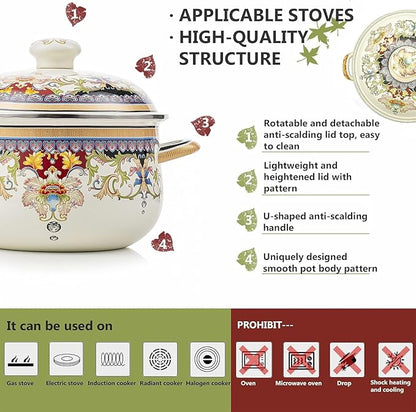 Retro Flower Enamel Stockpot with Lid,Stockpots for Cooking,Vintage Floral Stew Bean Simmer Pot with Handle, Kitchen Soup Pot, Safe for Induction Cookers, Gas Stove(Ivory-2.5QT)