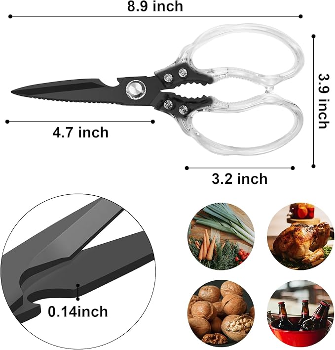 CGBE Kitchen Scissors, Multi-Purpose Kitchen Shears, Heavy Duty Food Scissors for Chicken, Poultry, Fish, Meat & Herbs with Non-Slip Grips (Transparent Black) - Image 3