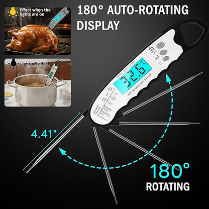 COOLMI Digital Meat Thermometer for Cooking - 2s Instant Read Food Thermometer, Waterproof, 180 Auto-Rotating Backlit Large Display, Temp Lock & Recalibration, for BBQ Grill Kitchen Oil Candy