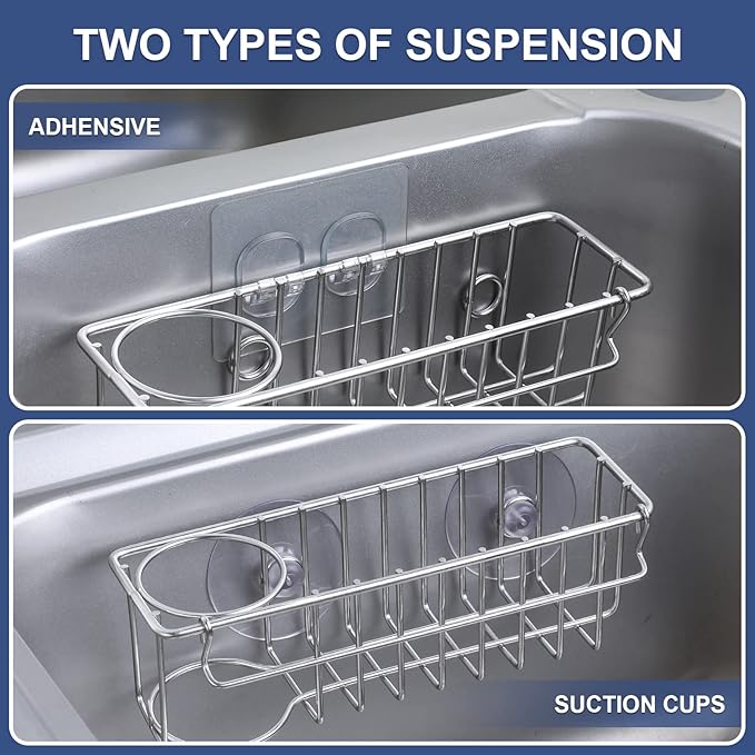 3-In-1 Sponge Holder for Kitchen Sink with Suction Cups & Adhesive Hook , In-sink Sponge Holder, Wall Hanging Sink Caddy Organizer Rack - Sponge, Dish Cloth, Brush, Scrubber - 304 Stainless Steel - Image 2