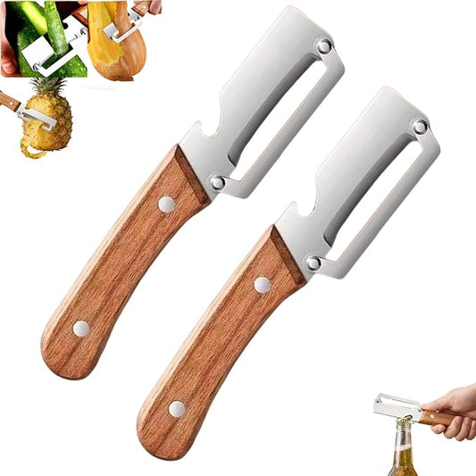 2026 NEW 2PCS Multi-Functional Vegetable Peelers for Kitchen, Wooden Handle Potato Peeler Hand Tool with Stainless Steel Blade, 2-in-1 Bottle Opener Fruit Peeler for Potato, Apple, Carrot, Mango