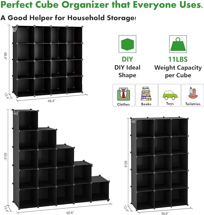 C&AHOME Cube Storage Organizer, 16-Cube Shelves Units, Plastic Storage Cubes, DIY Closet Organizer, Modular Closet Storage Shelves Ideal for Home, Bedroom, 48.4" L × 12.4" W × 48.4" H Black SUM3016H - Image 3