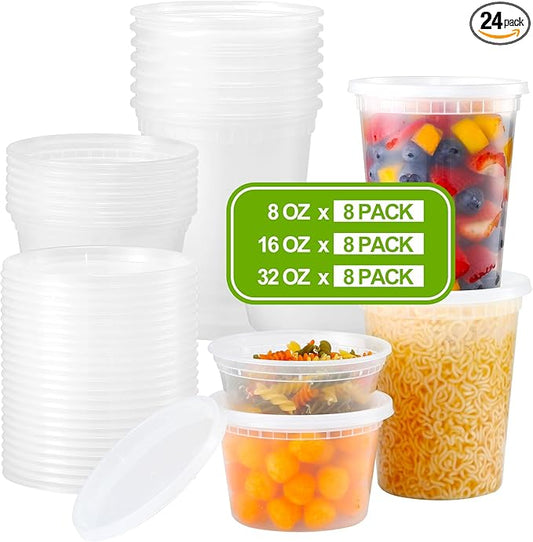 AOZITA 24 Sets Plastic Deli Food Containers With Lids, 8 oz 16oz 32oz Variety pack, Airtight Food Storage Containers, Freezer/Dishwasher/Microwave Safe, Soup Containers For Takeout Food Storage by AOZITA