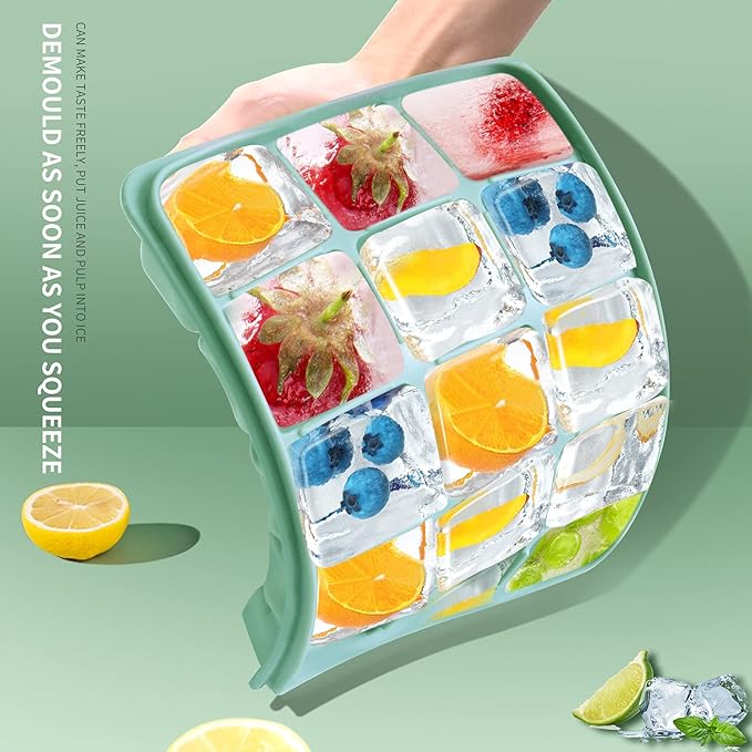 Ice Cube Trays Set of 2, Easy Release 15 Flexible Silicone Ice Cube Molds with Removable Lid Reusable Freezer Ice Trays Stackable for Whiskey, Baby Food, BPA Free (GREEN+GRAY) - Image 5