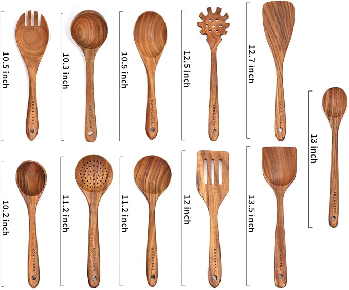 11 Pcs Wooden Kitchen Utensils Set - Wooden Spoons, Spatulas and More for Cooking - Image 2
