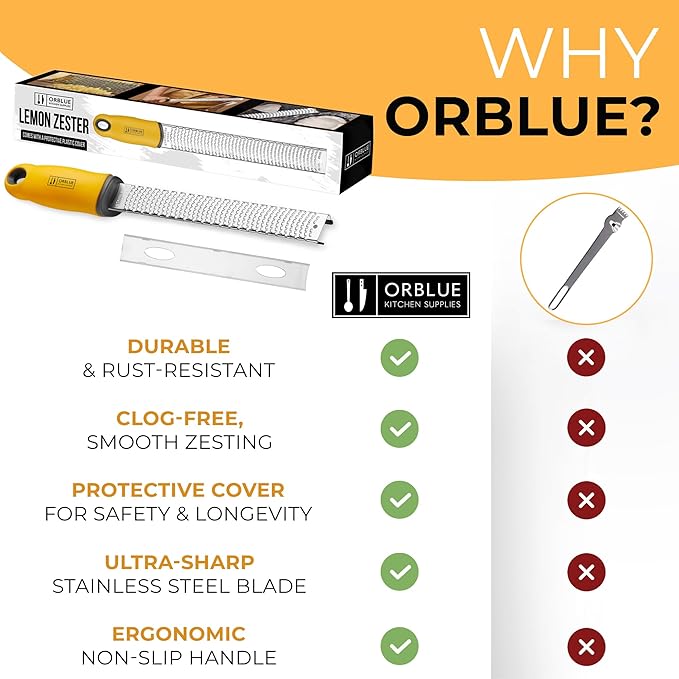 Orblue Lemon Zester & Cheese Grater - Premium Citrus Zester, Kitchen Grater for Parmesan, Chocolate, Fruits, Vegetables, Ginger, Garlic, Nutmeg - Stainless Steel Blades with Protective Cover, Yellow - Image 8