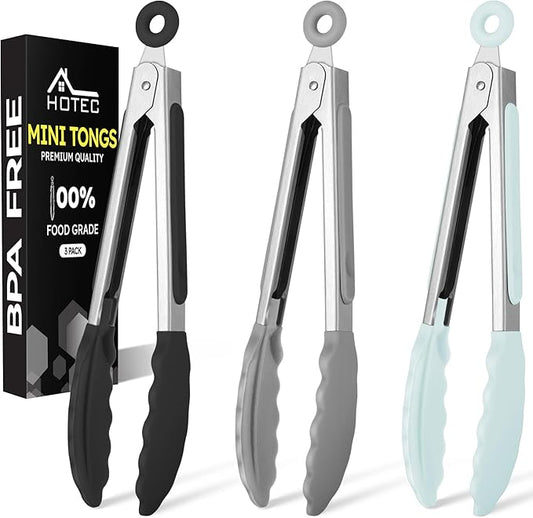 Hotec Mini Silicone Kitchen Tongs for Cooking - 7-Inch Small Serving Tongs with Silicone Tips, Set of 3 (Black,Grey,Light Blue) by Hotec