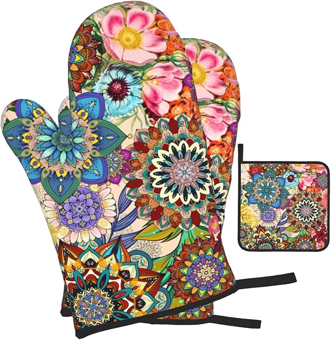 Boho Floral Oven Mitts and Pot Holders Sets, Heat Resistant Colorful Kitchen Gloves Hot Pads, Cute Baker Stuff, Chef Cooking Baking Gifts for Women Bakers, Kitchen Gifts for Cooking Lover Cooks Mom - Image 2