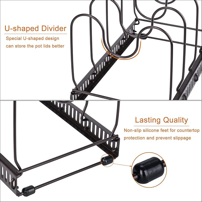 Toplife Pots and Pans Organizer Rack for Cabinet and Countertop, 10+ Pot Lids, Bakeware and Cookware Organizer Rack Holder with 10 Adjustable Compartments - Brown - Image 5