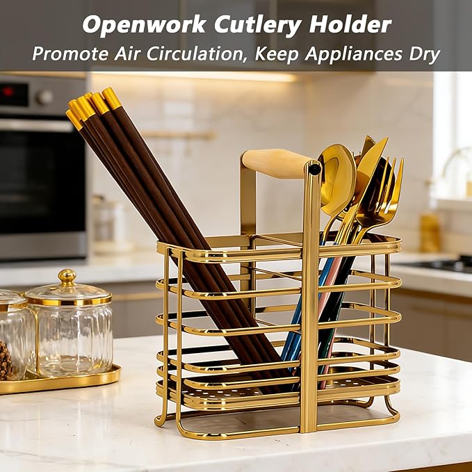 Caliamary Utensil Holder, Stainless Small Stainless Steel Cutlery Drainer Caddy for Kitchen Counter, Silverware Cutlery Flatware Holder Forks, Knives, Spoons, Chopsticks Organizer (Gold)