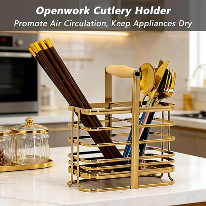 Caliamary Utensil Holder, Stainless Small Stainless Steel Cutlery Drainer Caddy for Kitchen Counter, Silverware Cutlery Flatware Holder Forks, Knives, Spoons, Chopsticks Organizer (Gold)