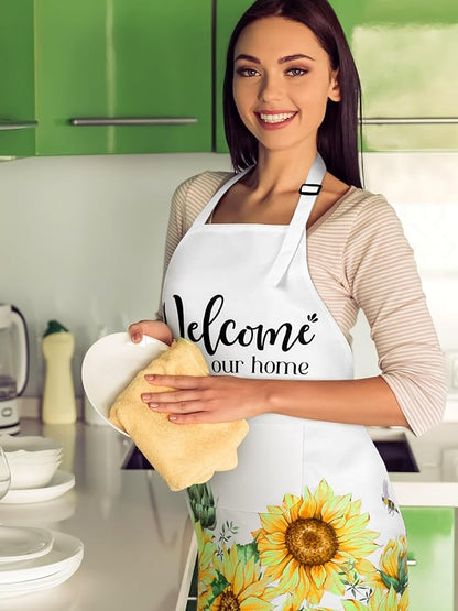 Bencailor 6 Pcs Spring Kitchen Aprons with Pockets Flower Rooster Bee Butterfly Sunflower Summer Aprons Bulk for Women(Yellow, Black, White,Sunflower Bee) - Image 6