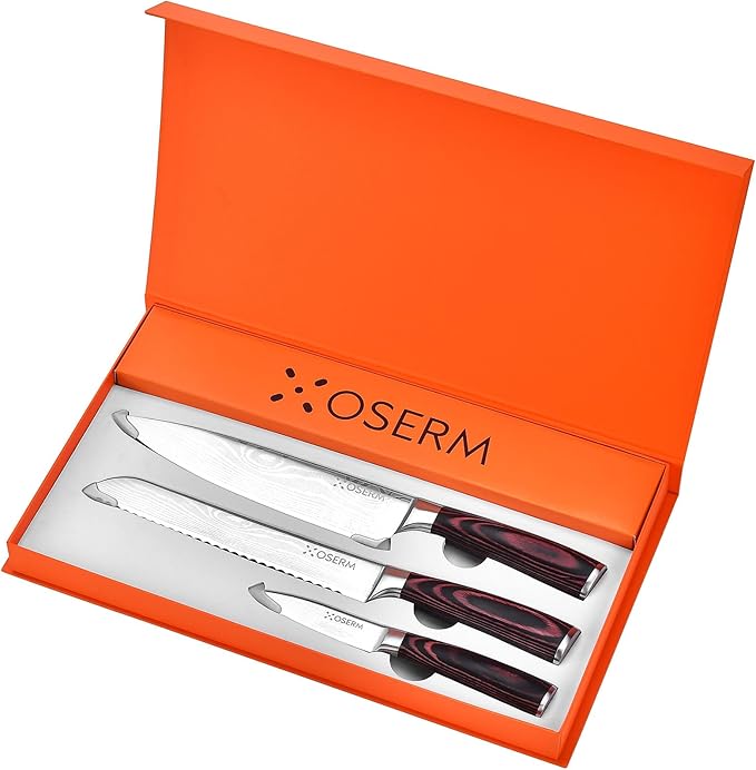 Kitchen Knife Set, 4 PCS (3+1) Chef Knife Set, Razor Sharp High Carbon Steel Knives Set, Gift Ready Knife Set with Orange Gift Box, Includes An Additional 8" Chef Knife (Boxed Separately)