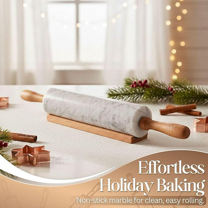 Flexzion Marble Rolling Pin Heavy Nonstick Stone Dough Roller - 10 Inch Polished Barrel with Wooden Handles & Cradle Stand for Baking Pastry Bread Pizza Cookies Pie Crust Pasta Tortillas (White)