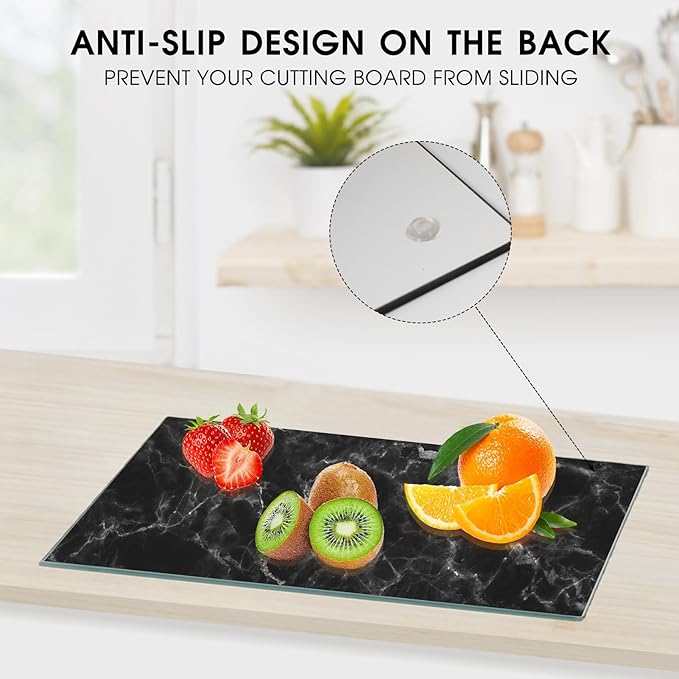 JAMBALAY Tempered Glass Cutting Board for Kitchen, 16"x12" Black Marble Glass Cutting Board with Design, Glass Chopping Board with Non Slip Feet, Heat & Shatter Resistant, Dishwasher Safe