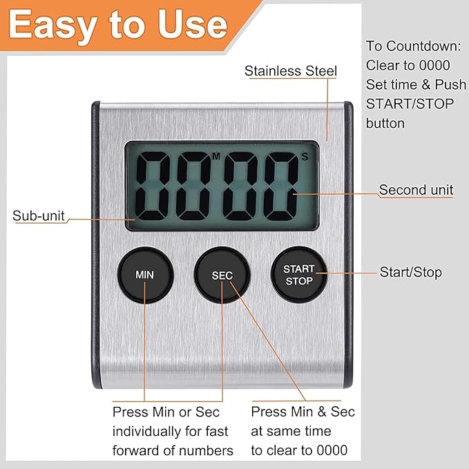 Digital Kitchen Timer - Magnetic Countdown With Loud Alarm, Stainless Steel for Cooking, Baking, Sports Games - Image 3