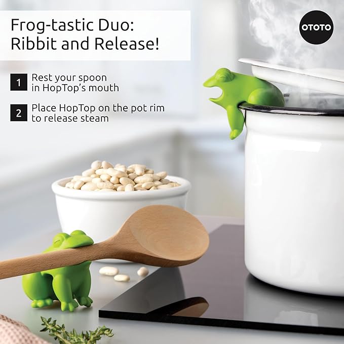 OTOTO New HopTop Frog Spoon Holder for Stove Top - Spoon Rest for Stove Top and Steam Releaser, Cute Kitchen Accessories, Cooking, Cool Gadgets, Fun Kitchen Gifts, White Elephant Gifts - Image 6