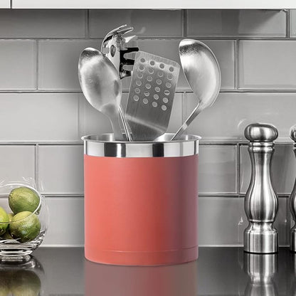 OGGI Stainless Steel Jumbo Utensil Holder - 7" Utensil Caddy, Weighted Base for Stability - Extra Large Utensil Crock and Countertop Utensil Organizer, Brick Red - Image 6