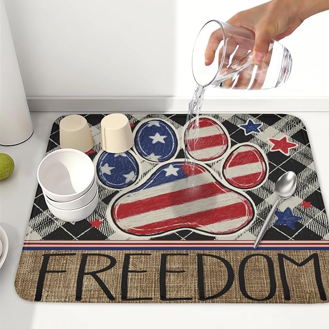 4th of July Dish Drying Mat 18x16 Inch, Patriotic Drying Mat with Absorbent Reversible Microfiber, Independence Day Dish Drainer Mats Memorial Day Rack Pad for Coffee Countertop Kitchen Protector