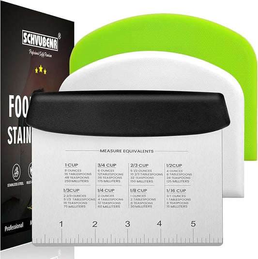 SCHVUBENR Dough Scraper Set with 2 Flexible Bowl Scrapers - Stainless Steel Dough Cutter & Bench Scraper with Measuring Scale - Versatile Kitchen Scraper for Bread, Pastry, Pizza, Cake - Black & Green by SCHVUBENR