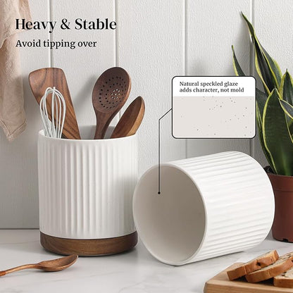 DOWAN 360° Rotating Extra Large Cooking Utensil Holder, 7.6" Kitchen Utensil Holder for Countertop, Utensil Crock for Farmhouse Kitchen Decor, Ceramic Stable Utensil Caddy, White Stripes - Image 5