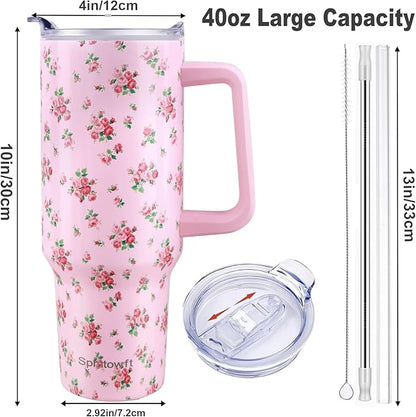 40oz Stainless Steel Double Vacuum Tumbler with Handle, Straw Lid, Carrier Bag, Purse Pouch Phone Pocket, Gym Water Bottle Travel Mug and Sleeve Holder for Men Women (Pink Rose)