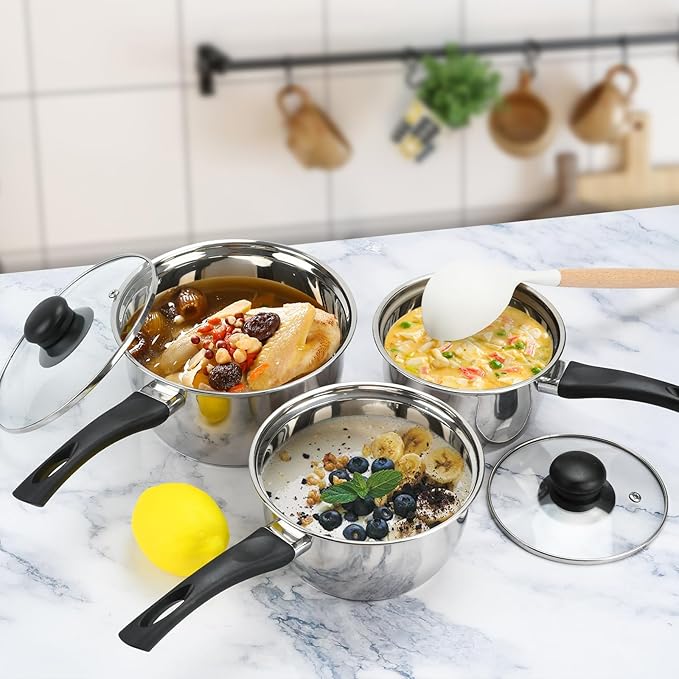 Stainless Steel Pot Set with Lid 6pcs,Sauce Pans 1QT & 2QT & 3QT Set,Triply Bottom Stainless Steel Pot Set - Image 7