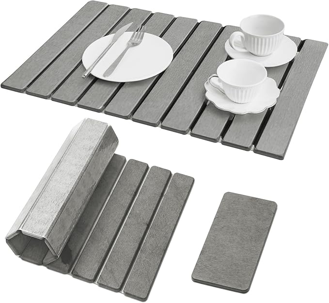 Large Stone Dish Drying Mat for Kitchen Counter, Quick Dry Stone Dishes Mats, Stones Drying Mat for Kitchen Counter, Water Absorbing Diatomaceous Drying Mat (Light Gray 24"×16" & 8"x4")