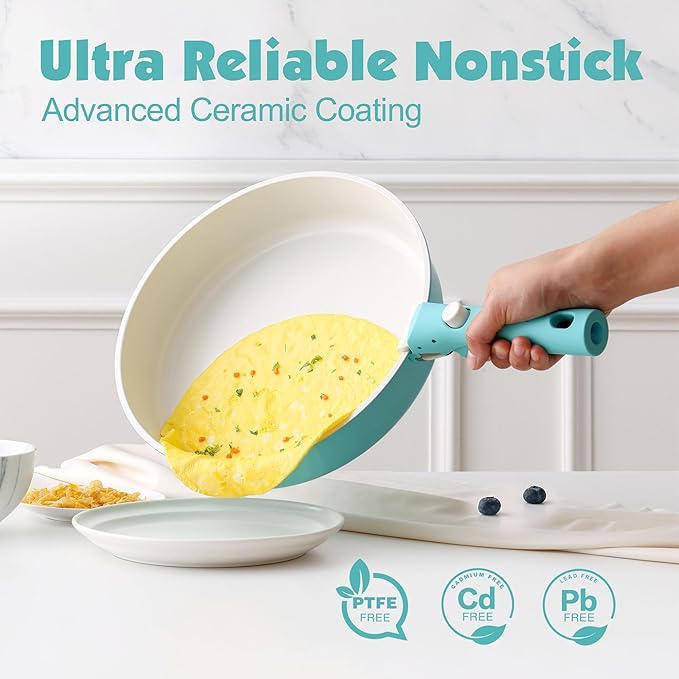 SENSARTE 17 Piece Ceramic Pots and Pans Set, Nonstick Detachable Handle Cookware, Induction Kitchen Cookware Set with Removable Handle, Dishwasher ＆ Oven Safe (Turquoise) - Image 4