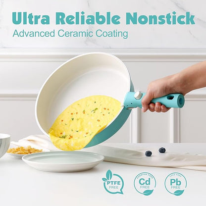 SENSARTE 17 Piece Ceramic Pots and Pans Set, Nonstick Detachable Handle Cookware, Induction Kitchen Cookware Set with Removable Handle, Dishwasher ＆ Oven Safe (Turquoise) - Image 4