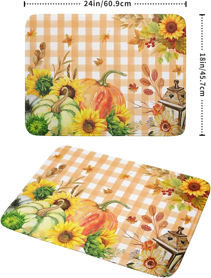 Autumn Maple Leaf Orange White Check Plaids Dish Drying Mat for Kitchen Counter,Fall Sunflower Pumpkin Drying Mat 18 x 24 Inch with Absorbent Reversible Microfiber Dish Drying Pad for Coffee Bar - Image 2