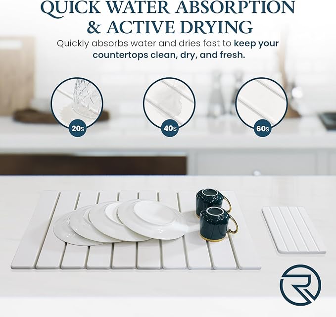Stone Drying Mat for Kitchen Counter 24"×16"with Water Absorbent Diatomite Coasters 8" x 4", Foldable Quick Dry Mats for kitchen Dishes, Non Slip Quick Drying Diatomaceous Earth For Any Countertop - Image 3