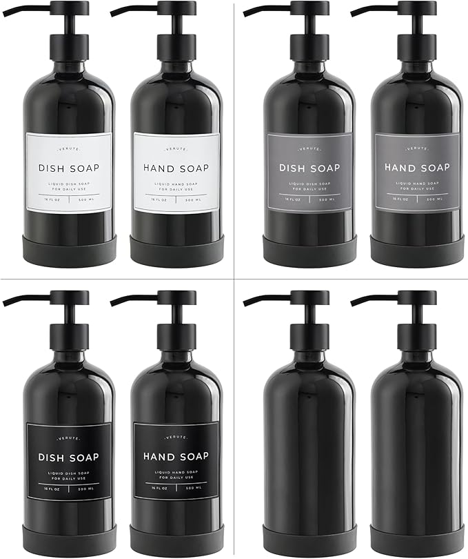 Hand and Dish Soap Dispenser for Kitchen and Bathroom, Set of 2 16 Oz Glass Bottles, Stainless Steel Pumps, Non-Slip Silicone Base, 27 Waterproof Labels (Gloss Black Bottle/Black Pump) - Image 5