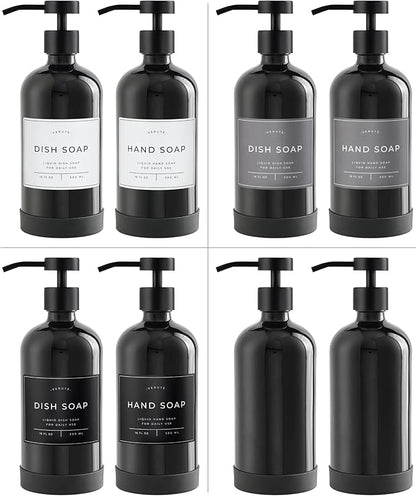 Hand and Dish Soap Dispenser for Kitchen and Bathroom, Set of 2 16 Oz Glass Bottles, Stainless Steel Pumps, Non-Slip Silicone Base, 27 Waterproof Labels (Gloss Black Bottle/Black Pump) - Image 5