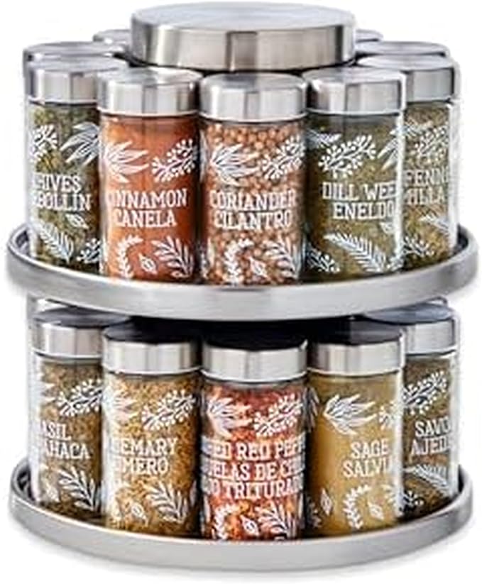 Kamenstein 20 Jar Revolving Spice Rack with Integrated Tool Caddy, Brushed Stainless Steel with Stainless Steel Caps by Kamenstein