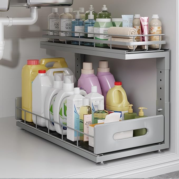 Under Sink Organizer Upgrade To Professional Rails,2-Tier Dual Pull Out Cabinet Storage,Height Adjustable Slide Out Drawers For Bathroom Kitchen,1 Pack-18.5"Dx12.8"-16.9"H,Gun Gray by UnderSinkOrganizer