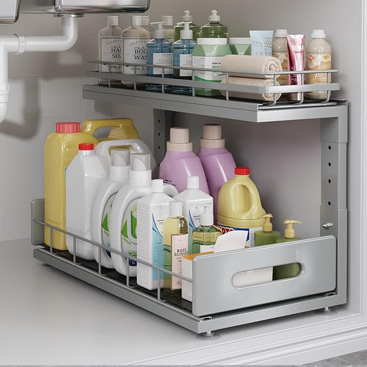 Under Sink Organizer Upgrade To Professional Rails,2-Tier Dual Pull Out Cabinet Storage,Height Adjustable Slide Out Drawers For Bathroom Kitchen,1 Pack-18.5"Dx12.8"-16.9"H,Gun Gray by UnderSinkOrganizer