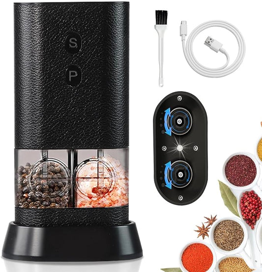 Dual Chamber Electric Pepper and Salt Grinder,Rechargeable Salt and Pepper Grinder Set USB-C,One-Handed Automatic Spice Mill Grinds Two Spice,Large Refillable,Ceramic Adjustable Coarseness for Kitchen