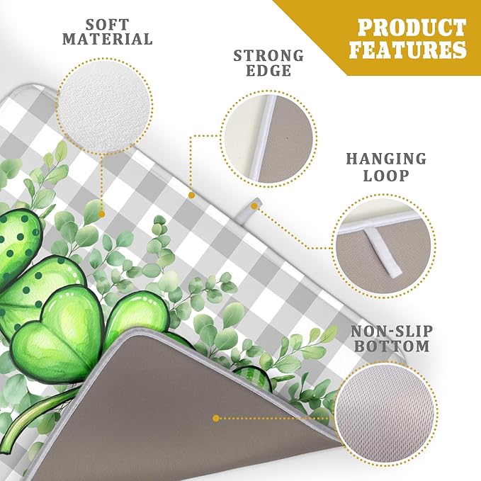 St Patricks Day Dish Drying Mat for Kitchen Counter Shamrocks Eucalyptus Leaf Holiday Microfiber Absorbent Dish Draining Reusable Washable Foldable Extra Large 18"x24" - Image 4