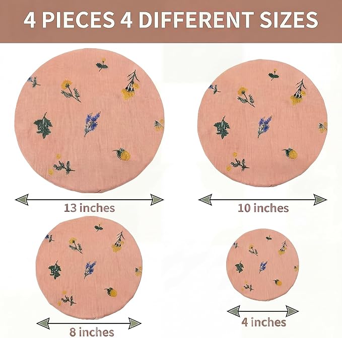 Reusable Bowl Covers (Set of 4) - Breathable Cotton Linen Sourdough Accessories - Elastic Durable Fabric Food Lids for Proofing Baskets & Bread Baking Supplies (Dusty Peach) - Image 2