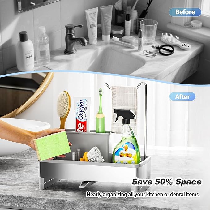 Ewaiira Stainless Steel Sink Caddy, Sponge Holder for Kitchen Sink with Brush Holder & Dishcloth Rack, Rustproof Sink Organizer Countertop, Kitchen Organizers Storage Essentials (F-Gray 9.8″) - Image 7