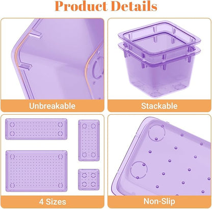 SpaceHacks 15 PCS Clear Plastic Drawer Organizer Set, 4-Size Acrylic Drawer Storage Trays, Storage Bins for Makeup, Gadgets, and Jewelry in Bathroom, Bedroom and Office, Clear Purple - Image 4